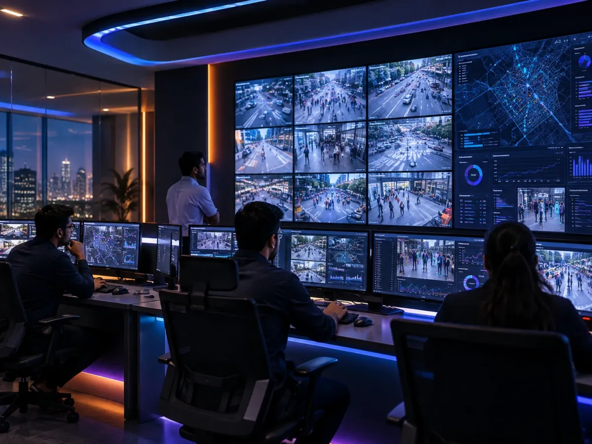 Mahaksh engineers monitoring a command and control centre video wall with live CCTV feeds, city maps and video analytics dashboards
