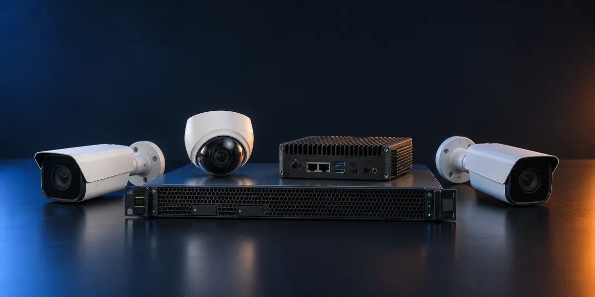 Edge and surveillance hardware: bullet and dome IP cameras, a fanless edge AI appliance and a 1U rack server